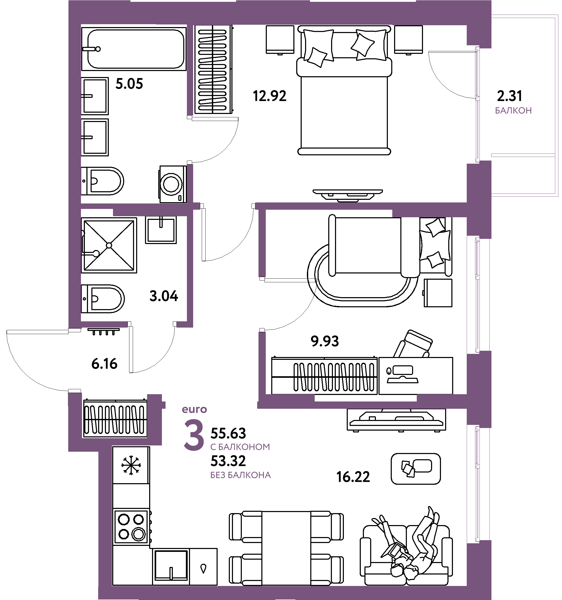 Планировка: Евротрёшка 55,63 м² в ЖК «Европейский берег 2.0»