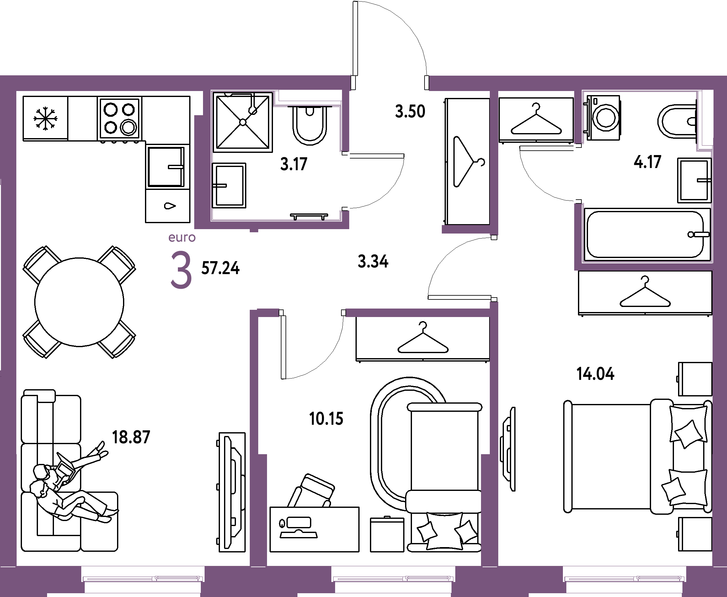 Планировка: Евротрёшка 57,24 м² в ЖК «Европейский берег 2.0»