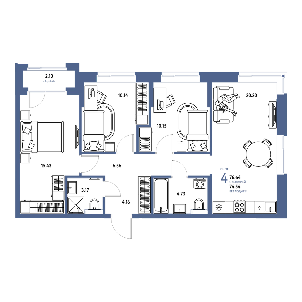 Планировка: Евро-4 77,09 м²