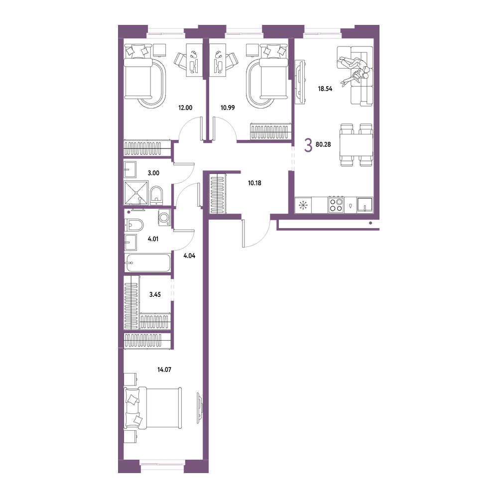 Планировка: 3-комнатная 80,28 м²