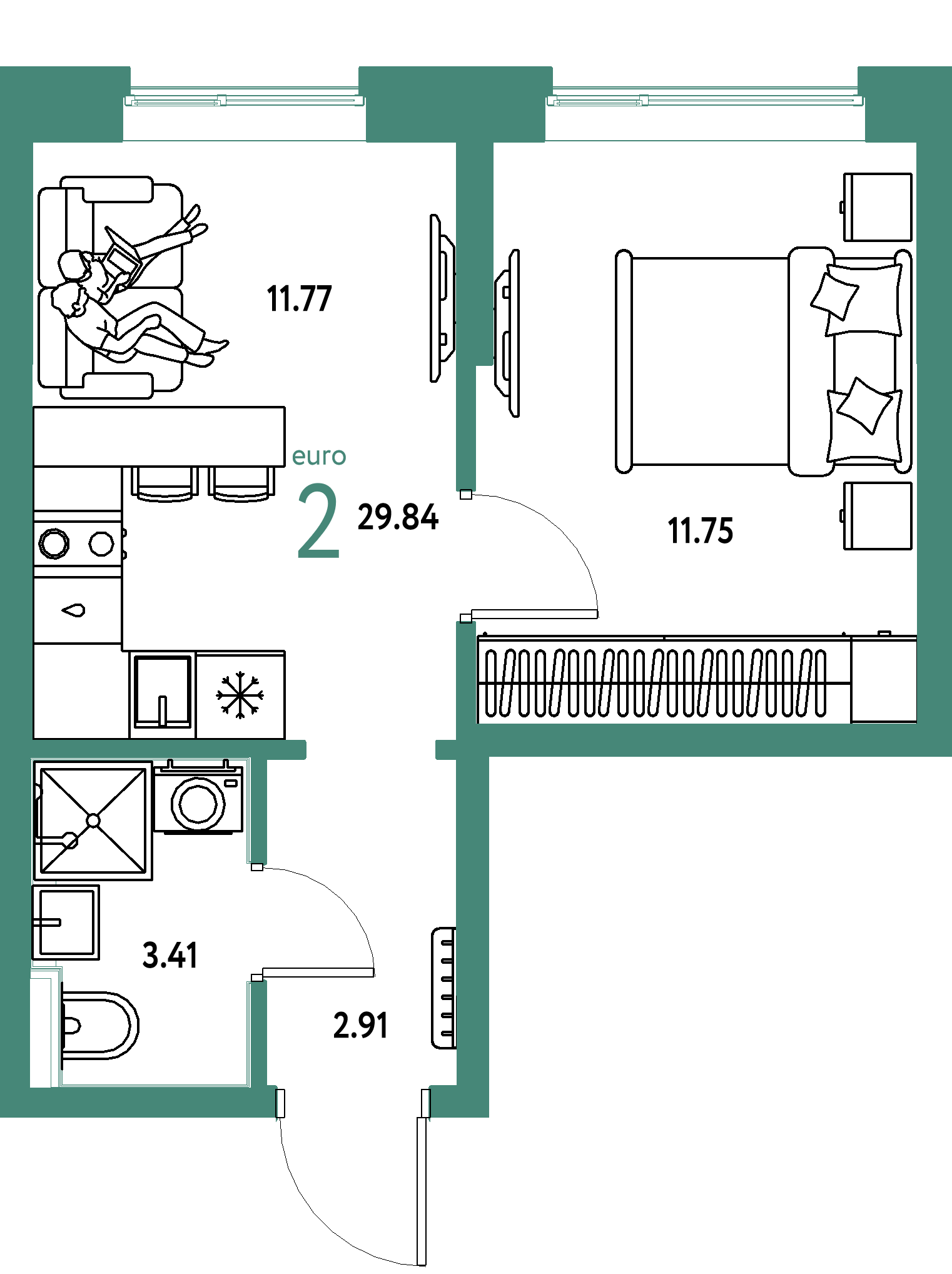 Планировка: Евродвушка 29,84 м² в ЖК «Остров-сад»