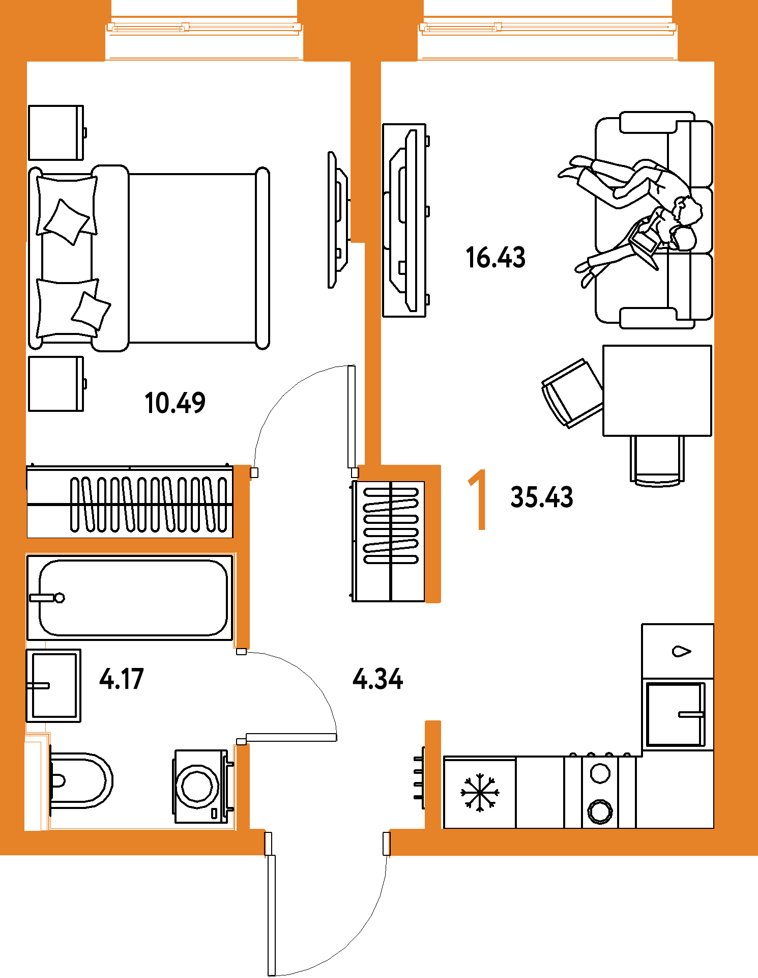 Планировка: 1-комнатная 35,43 м² в ЖК «Остров-сад»
