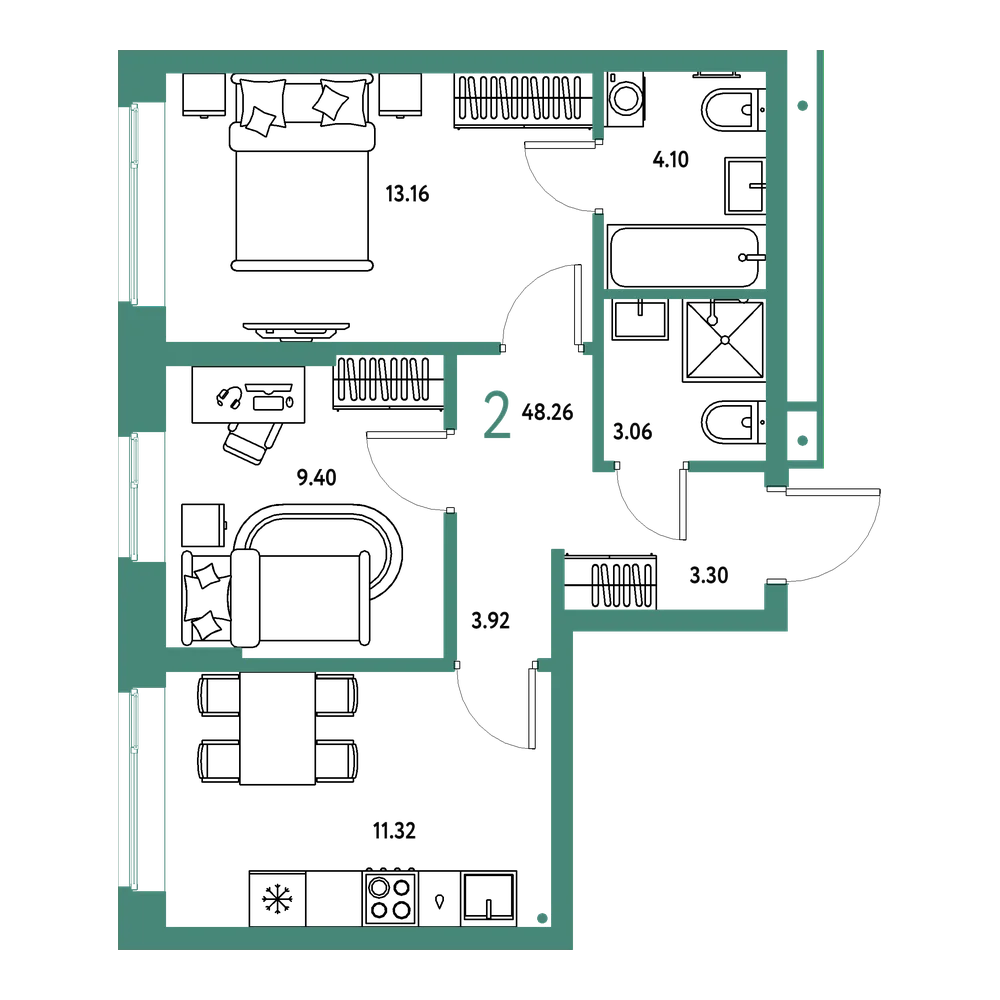 Планировка: 2-комнатная 48,26 м²