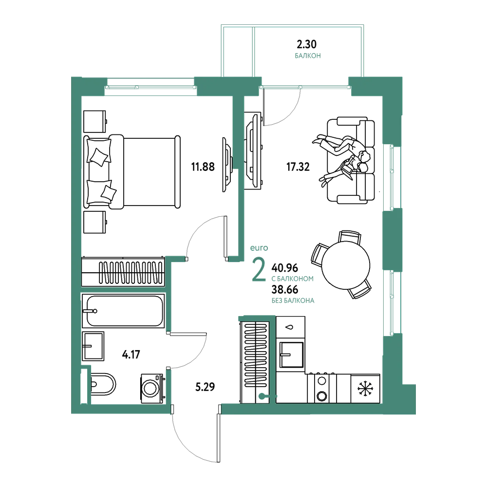 Планировка: Евродвушка 40,96 м²