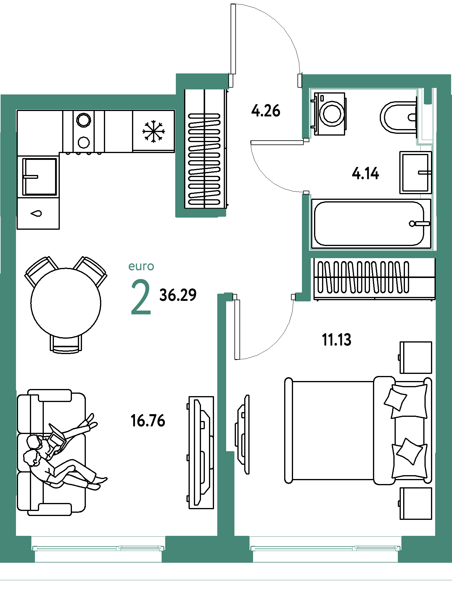 Планировка: Евродвушка 36,29 м² в ЖК «Сердце Сибири»