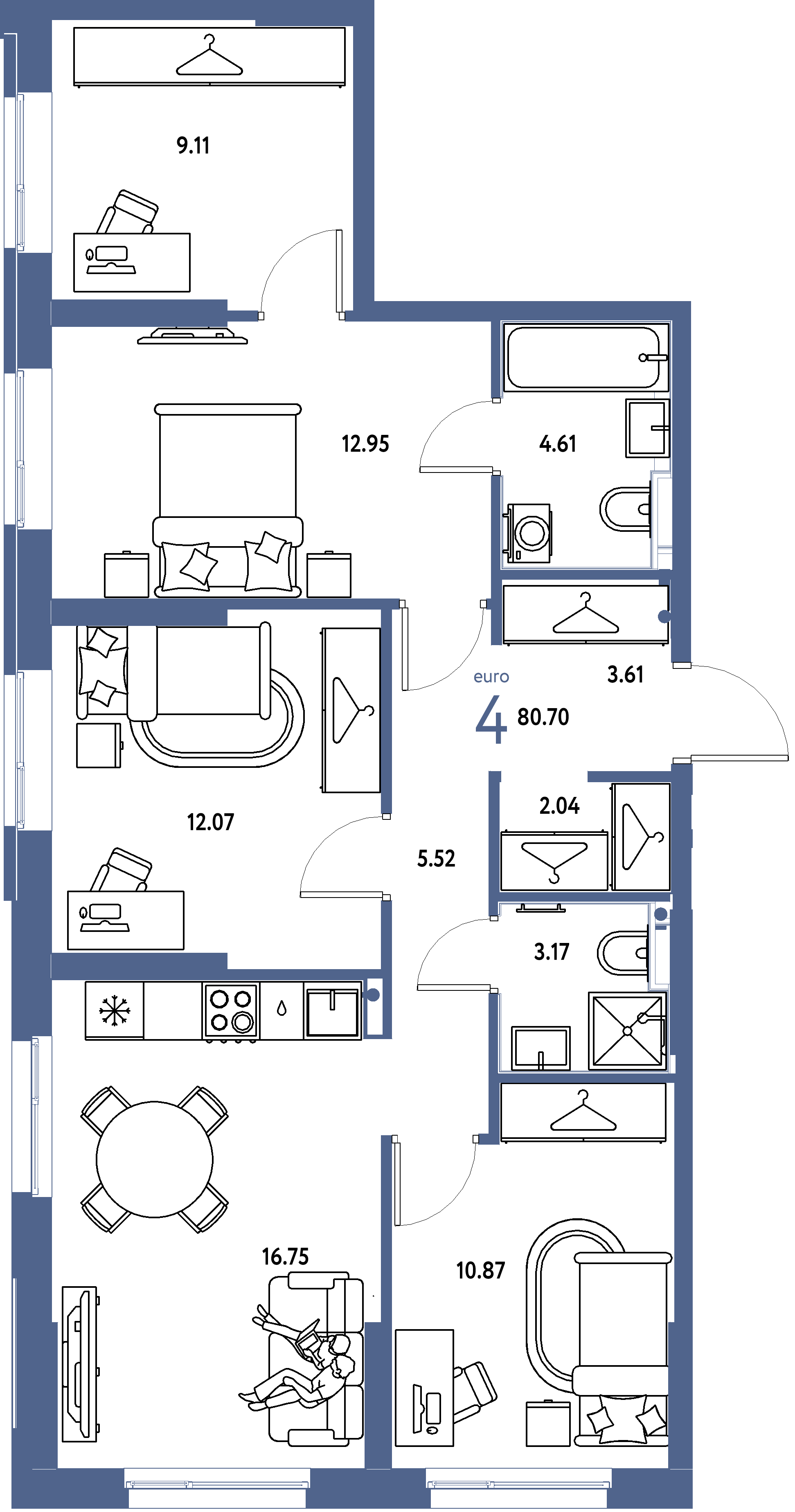 Планировка: Евро-4 80,7 м² в ЖК «Европейский берег 2.0»