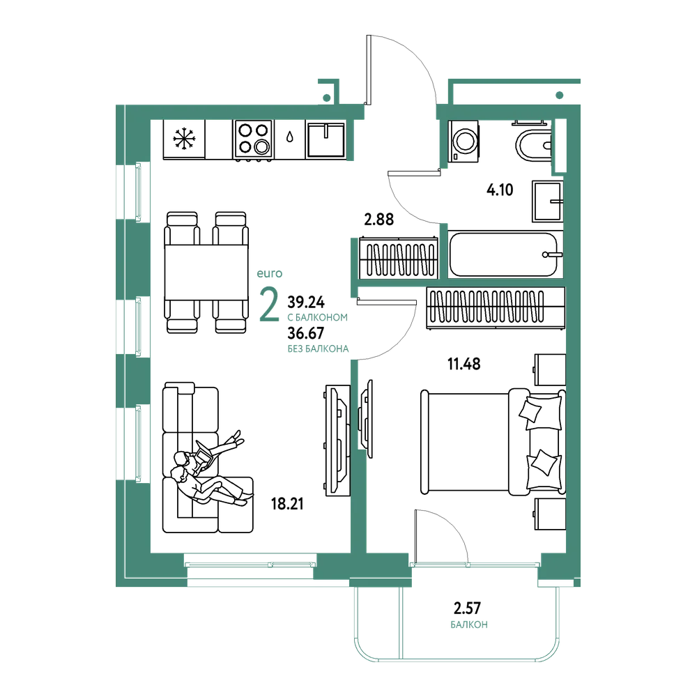 Планировка: Евродвушка 39,24 м²