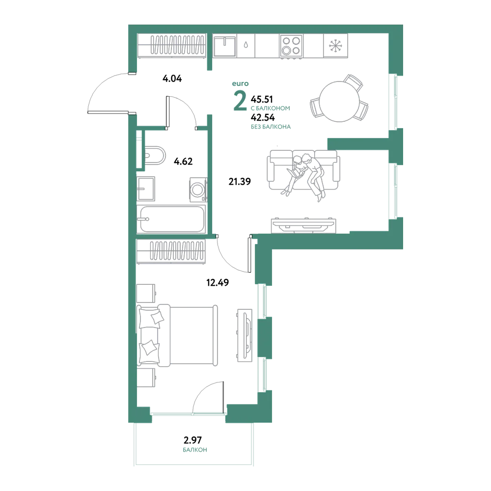Планировка: Евродвушка 45,51 м²
