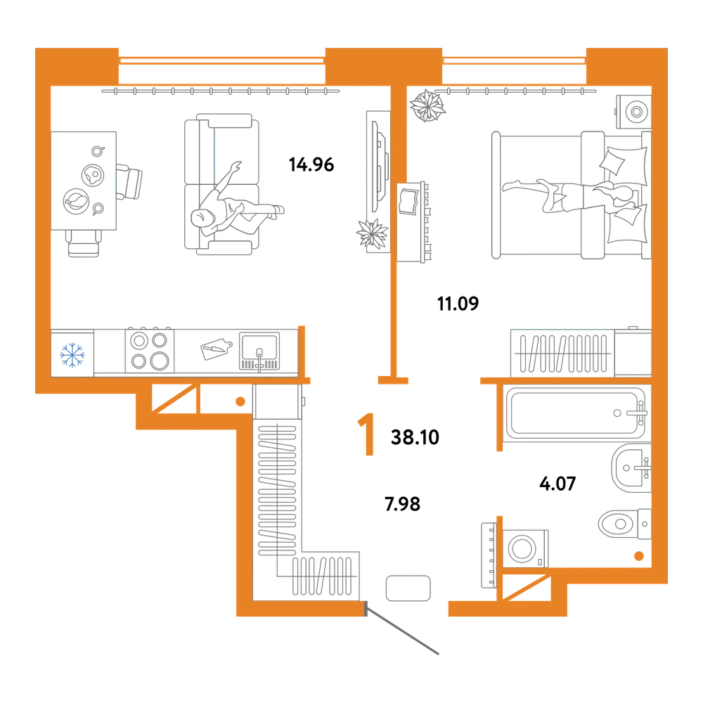 Планировка: 1-комнатная 38,1 м²