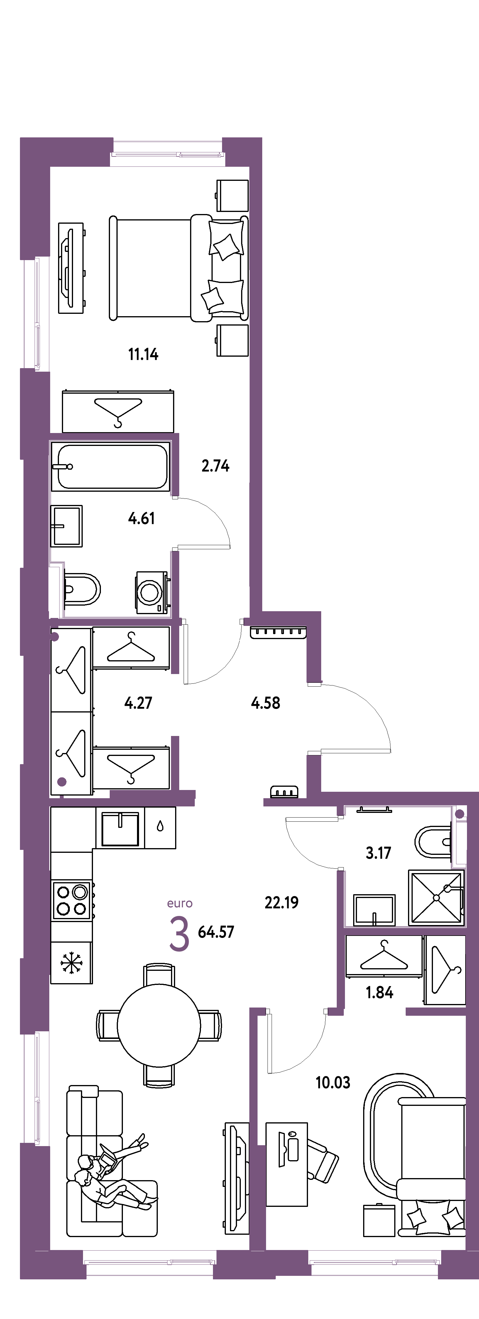 Планировка: Евротрёшка 64,57 м² в ЖК «Европейский берег 2.0»