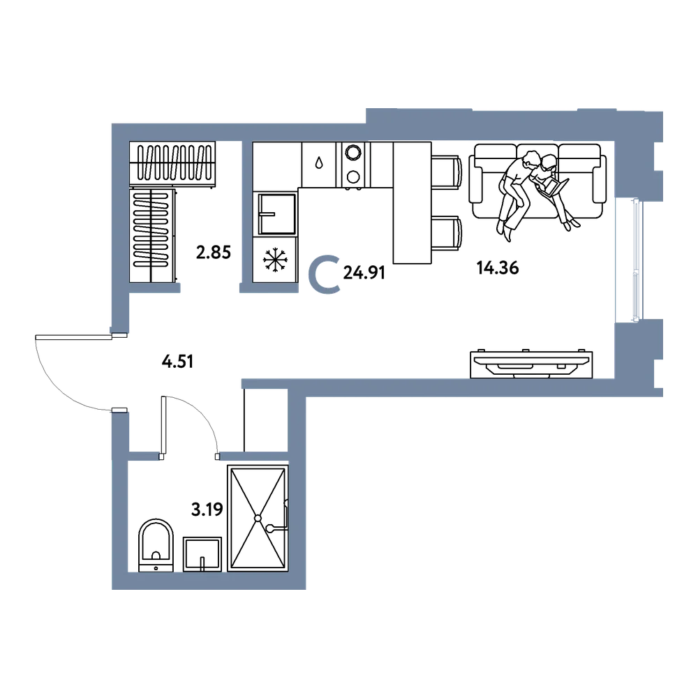 Планировка: Студия 24,91 м²