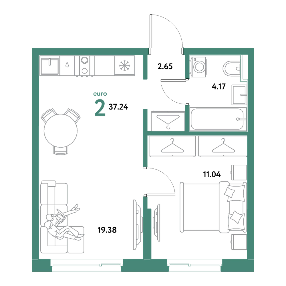 Планировка: Евродвушка 37,24 м²