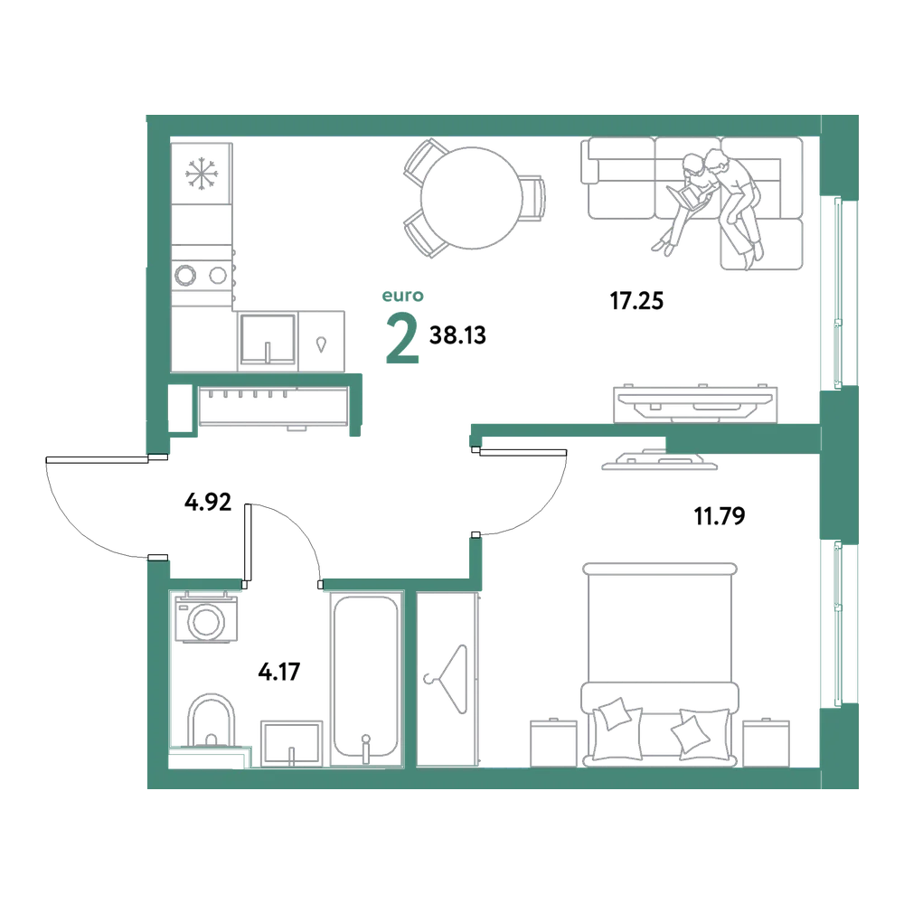 Планировка: Евродвушка 38,13 м²