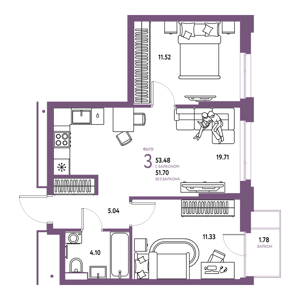 Планировка: Евротрёшка 53,48 м²