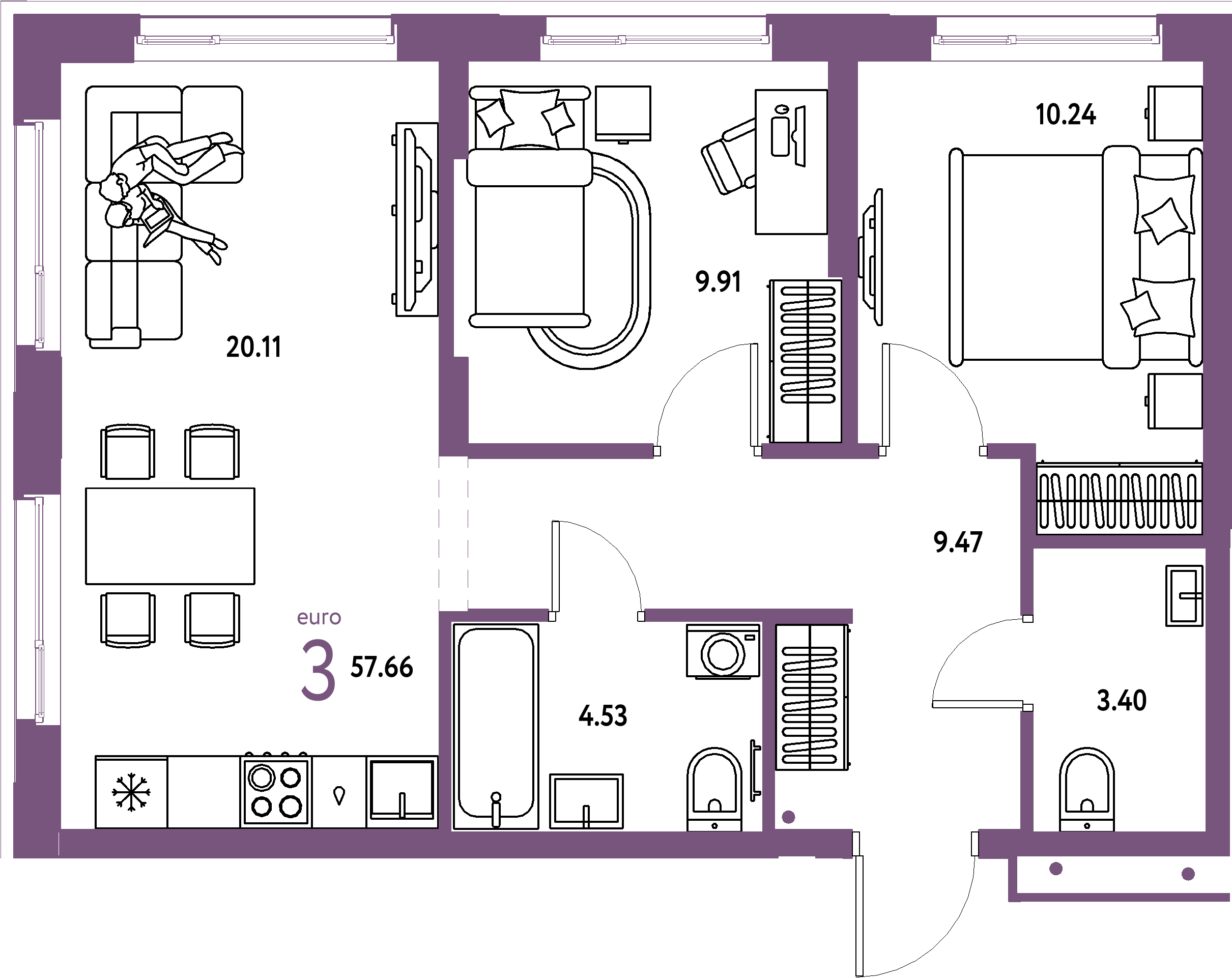 Планировка: Евротрёшка 57,66 м² в ЖК «Домашний»