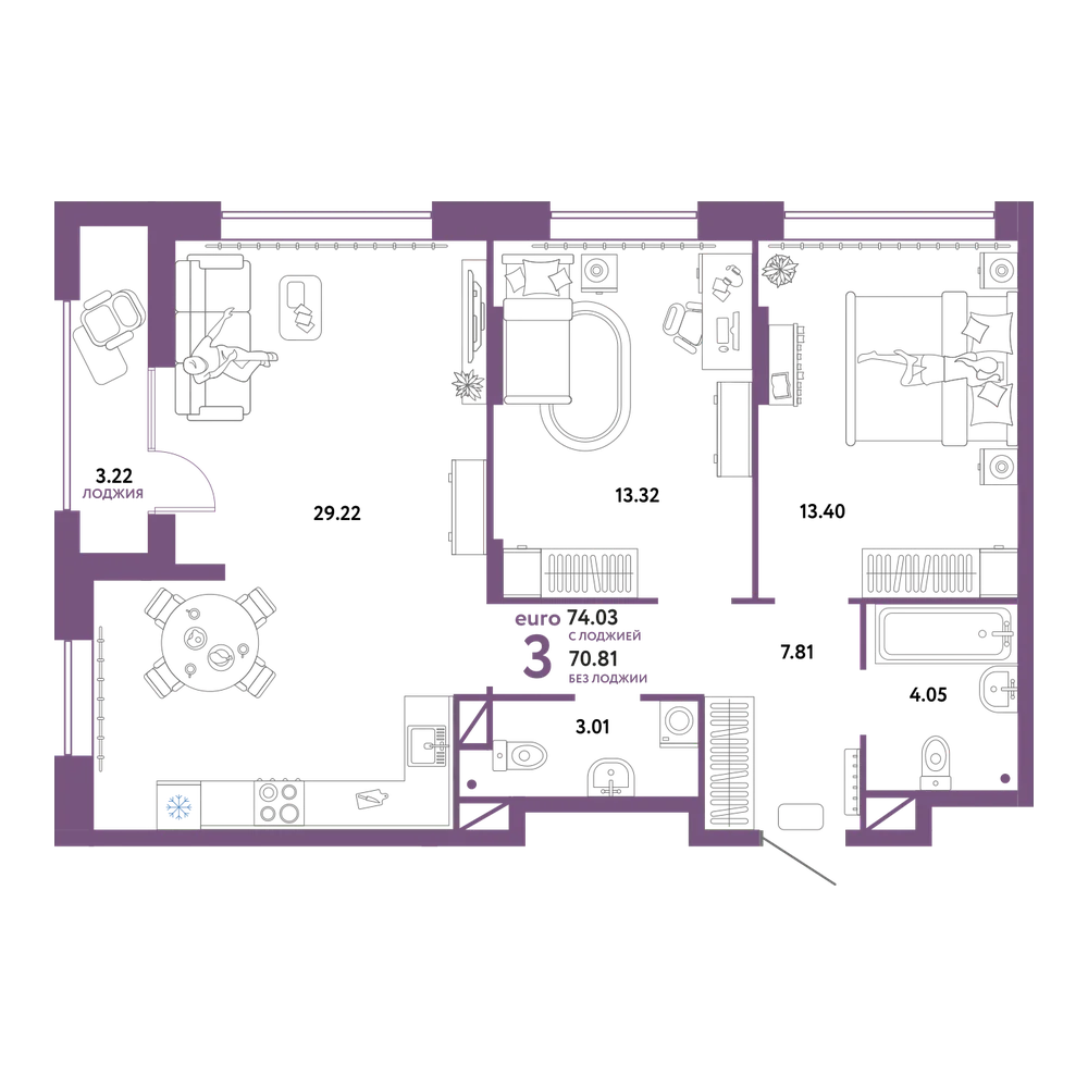 Планировка: Евротрёшка 74,03 м²