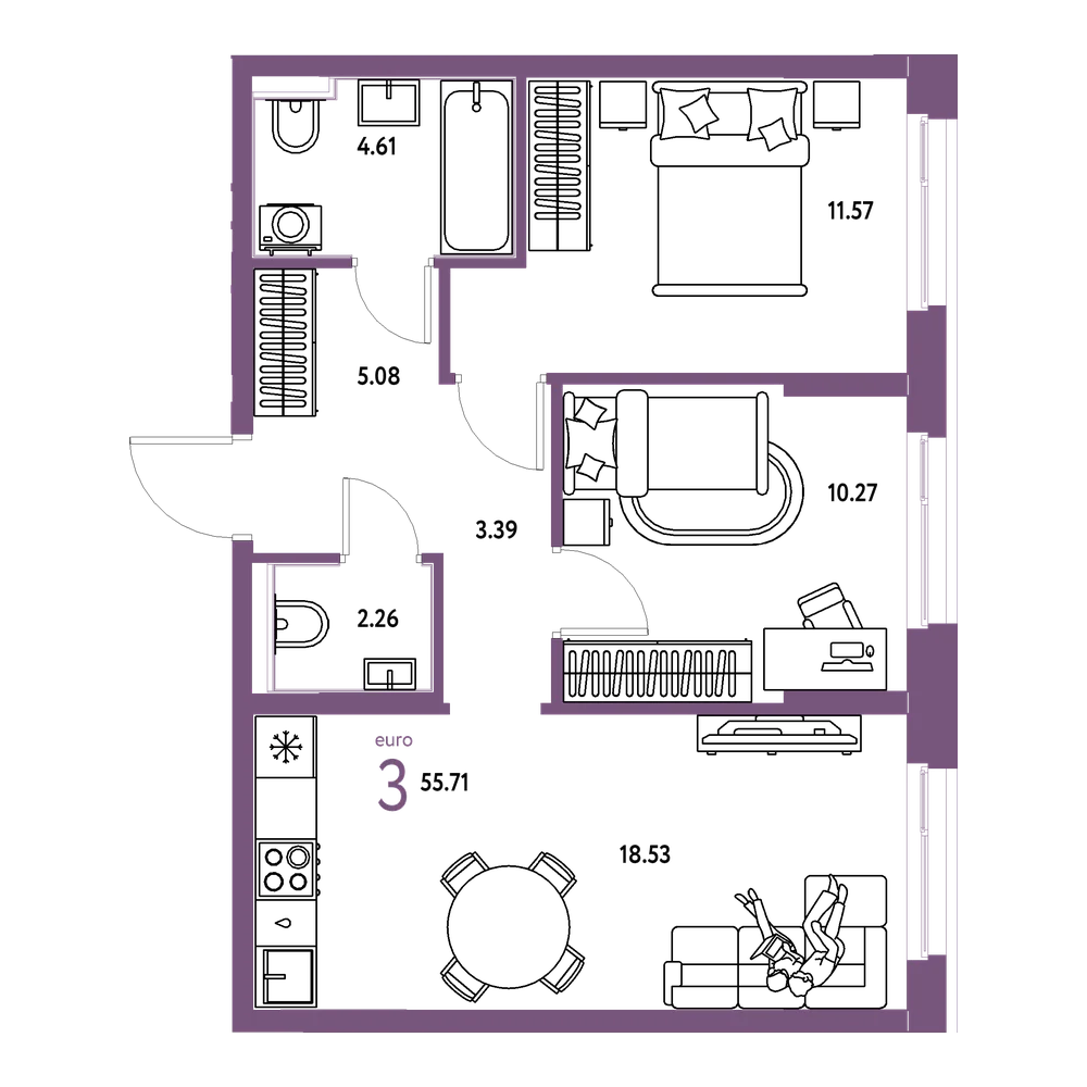 Планировка: Евротрёшка 55,71 м²