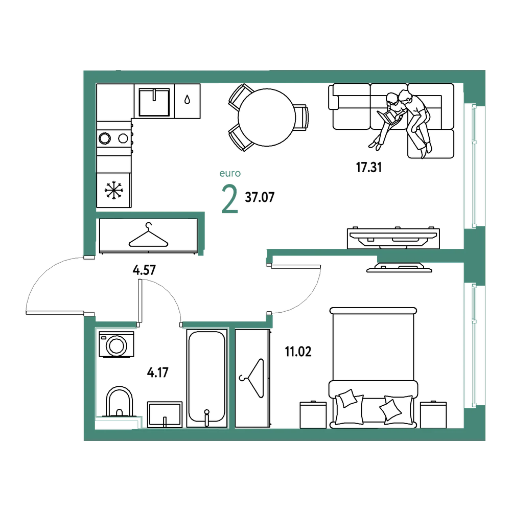 Планировка: Евродвушка 37,07 м²