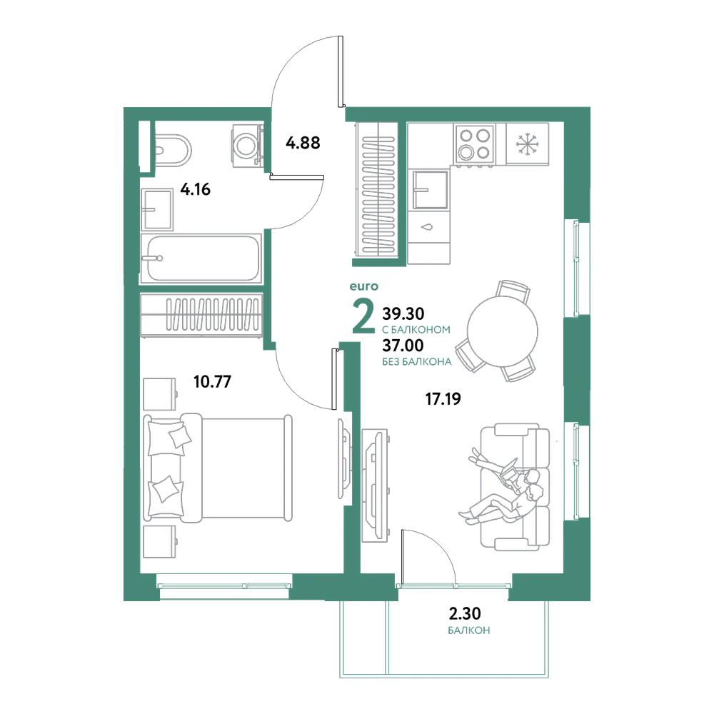 Планировка: Евродвушка 39,3 м²