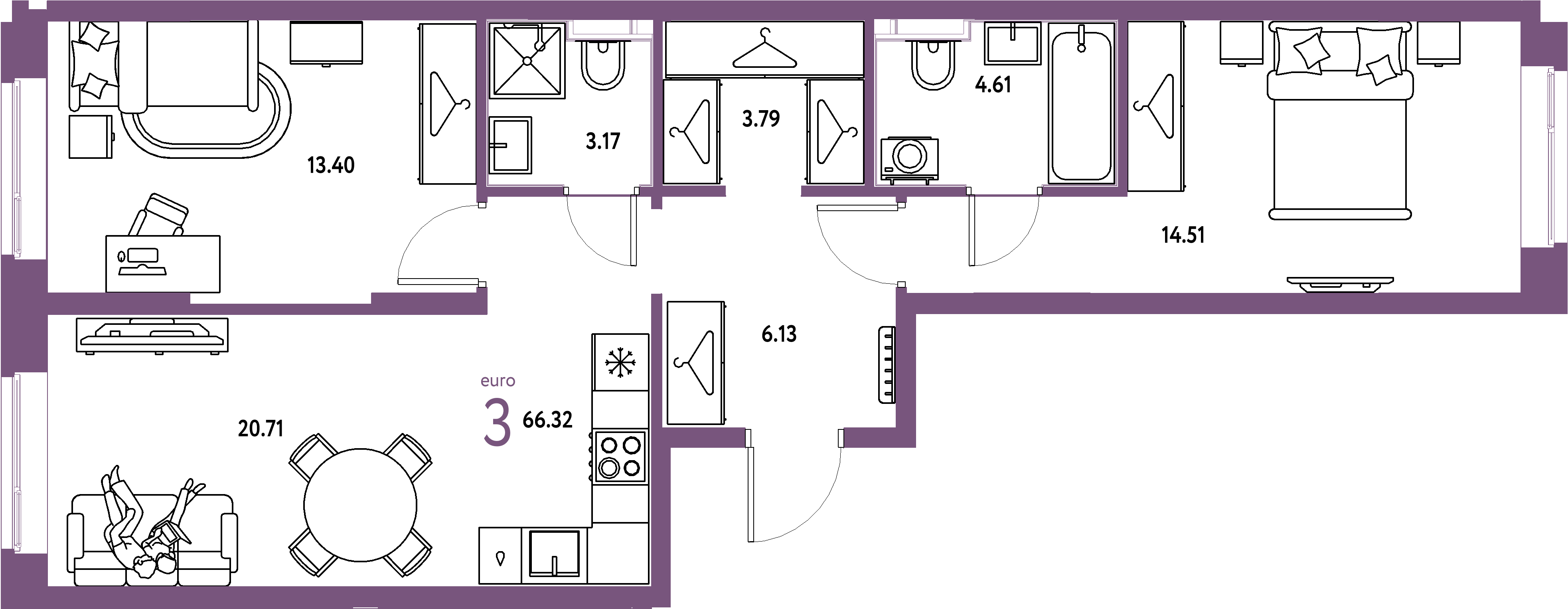 Планировка: Евротрёшка 66,32 м² в ЖК «Европейский берег 2.0»