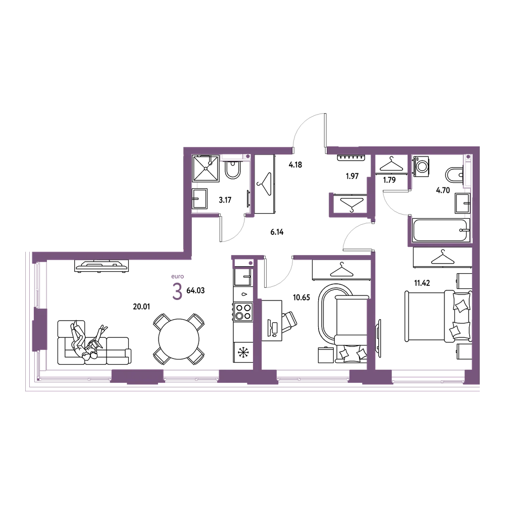 Планировка: Евротрёшка 64,03 м²