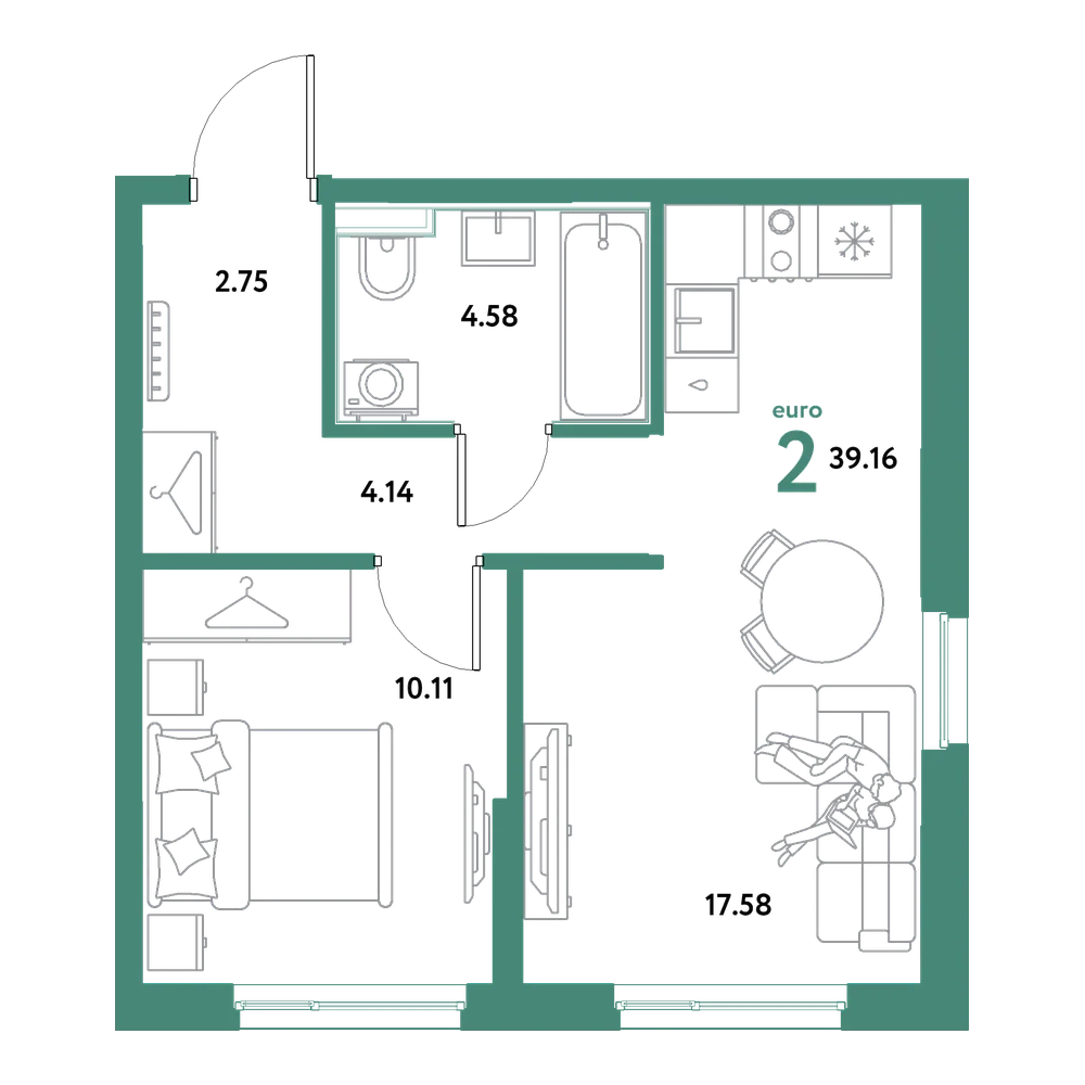 Планировка: Евродвушка 39,16 м²