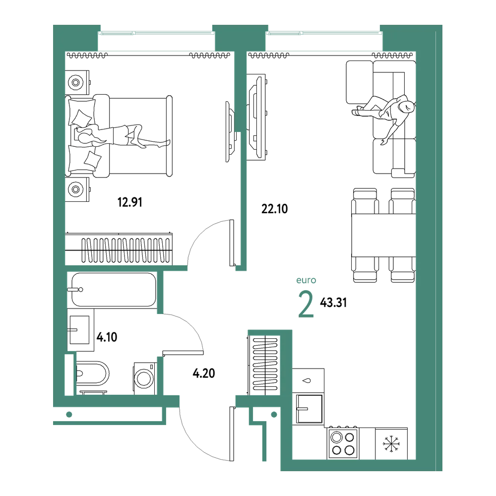 Планировка: Евродвушка 43,31 м²