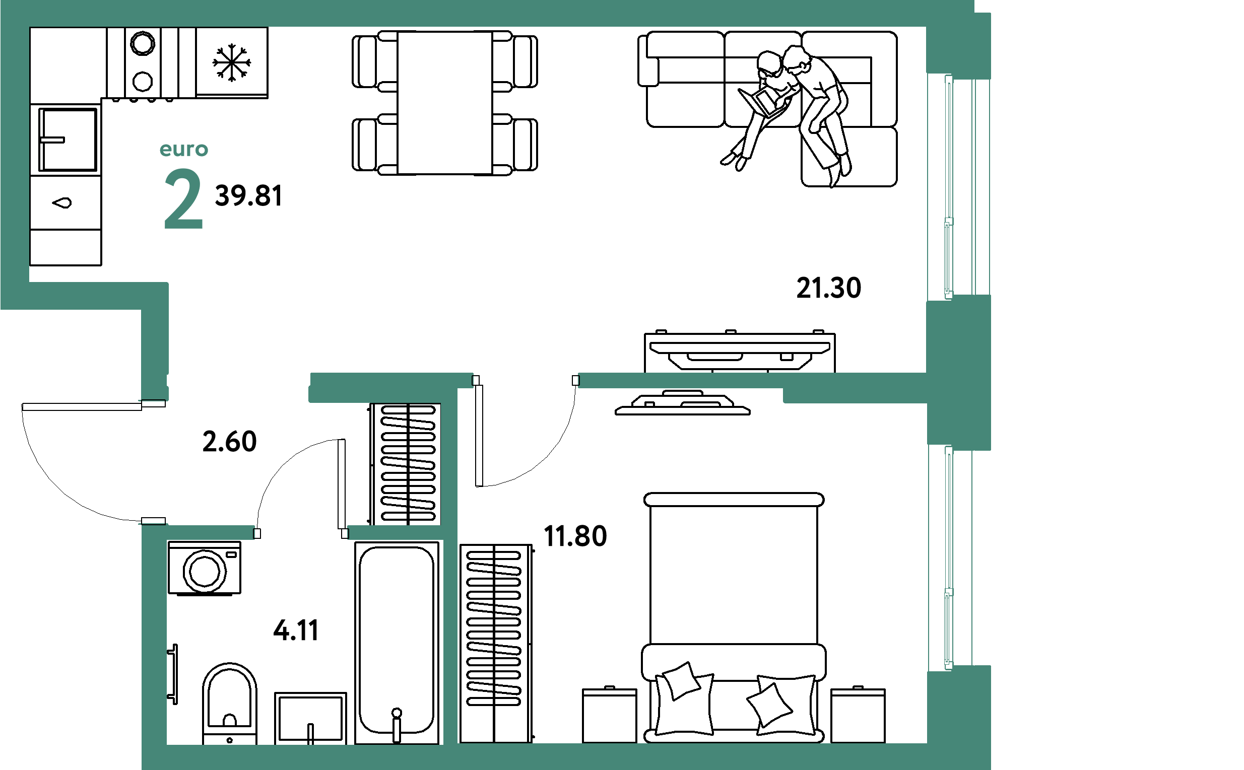 Планировка: Евродвушка 39,81 м² в ЖК «Европейский берег 2.0»