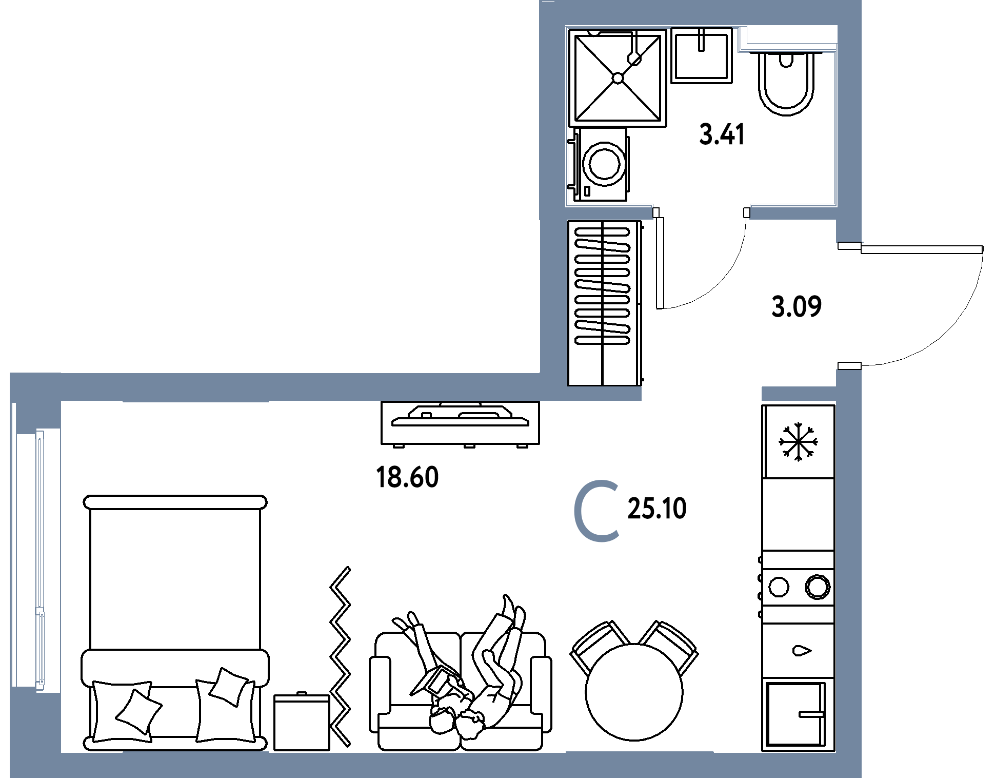 Планировка: Студия 25,1 м² в ЖК «Сердце Сибири»