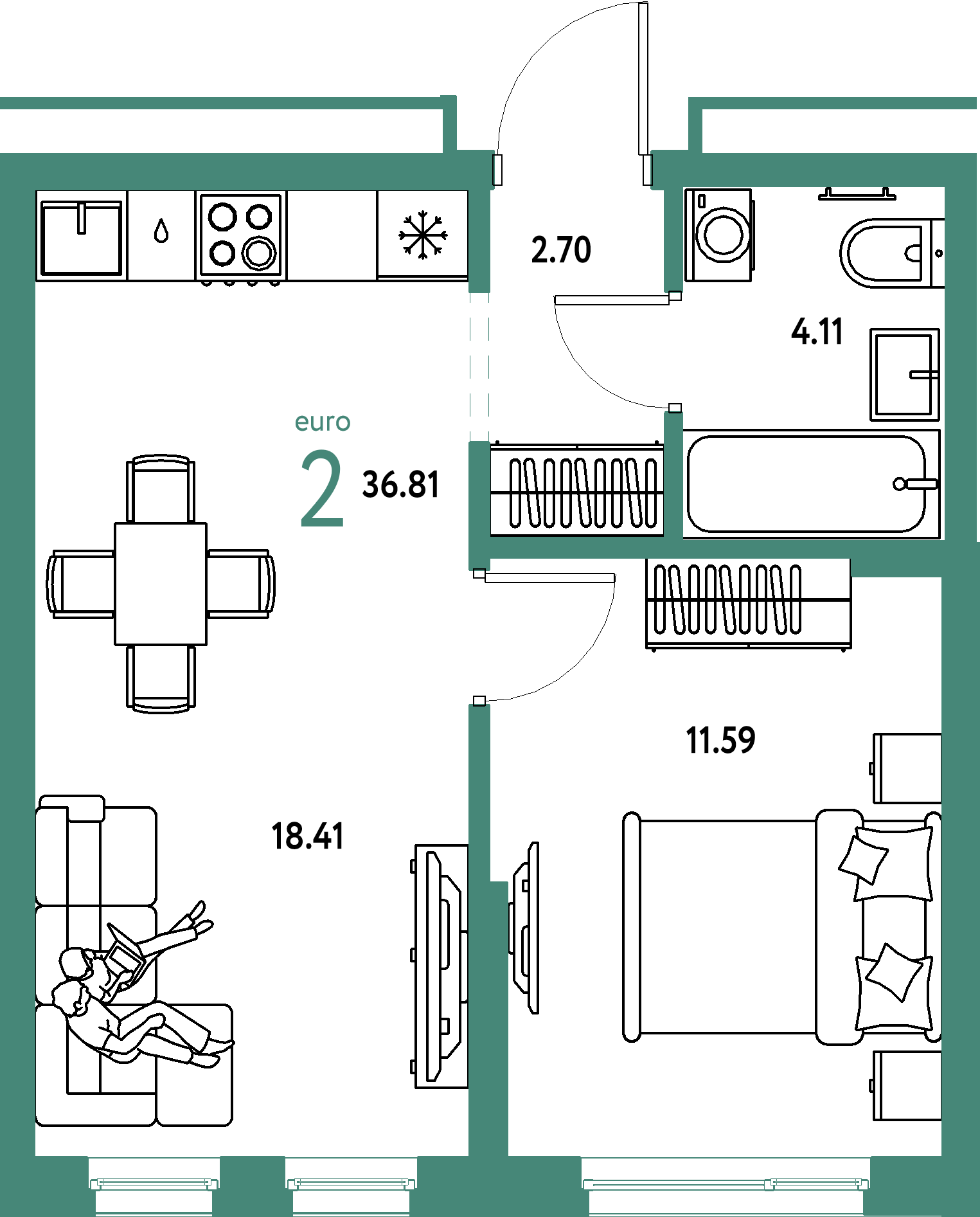 Планировка: Евродвушка 36,81 м² в ЖК «Домашний»
