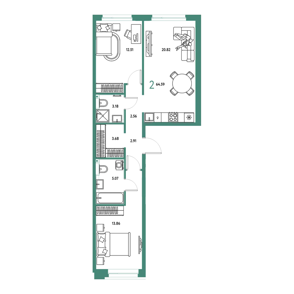 Планировка: 2-комнатная 64,59 м²