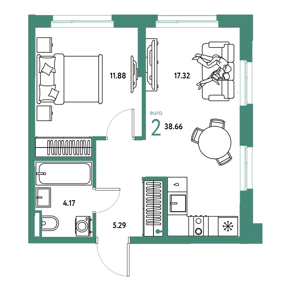 Планировка: Евродвушка 38,66 м²