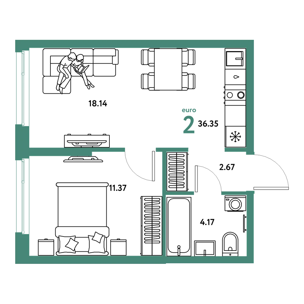 Планировка: Евродвушка 36,35 м²