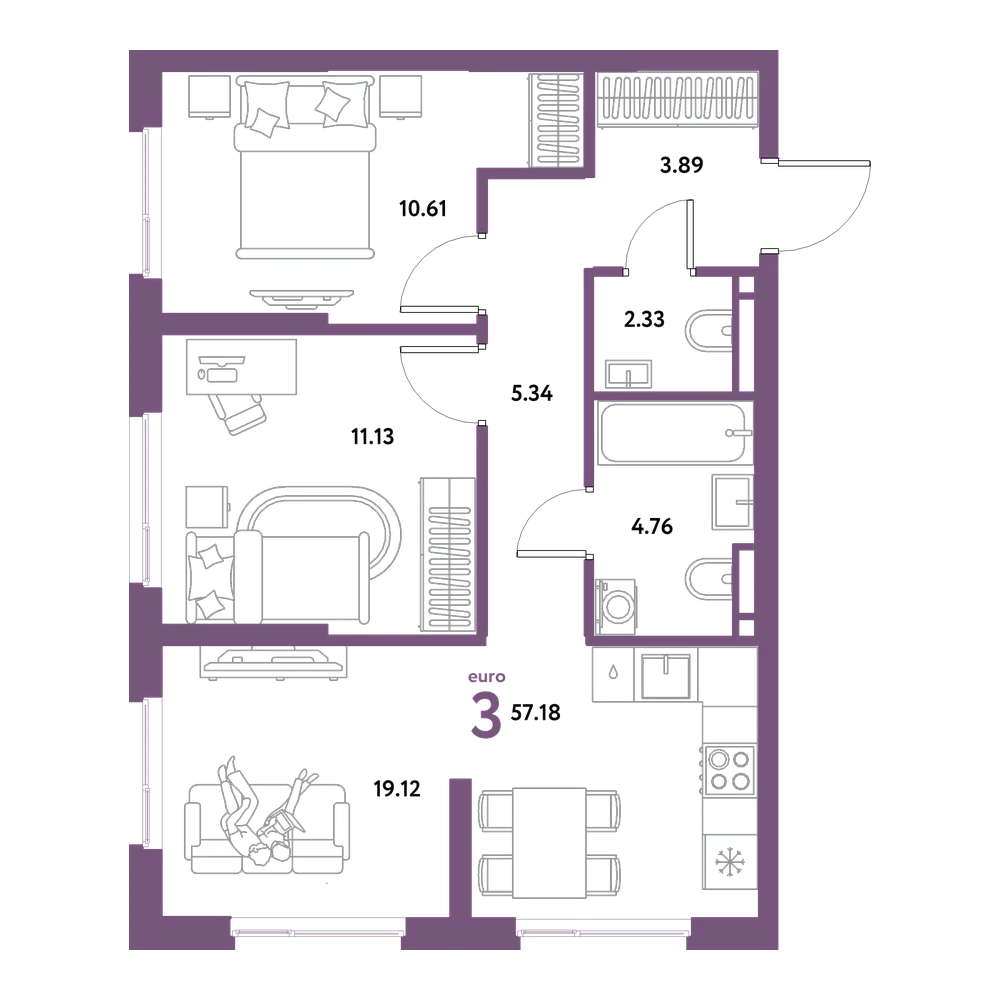 Планировка: Евротрёшка 57,18 м²