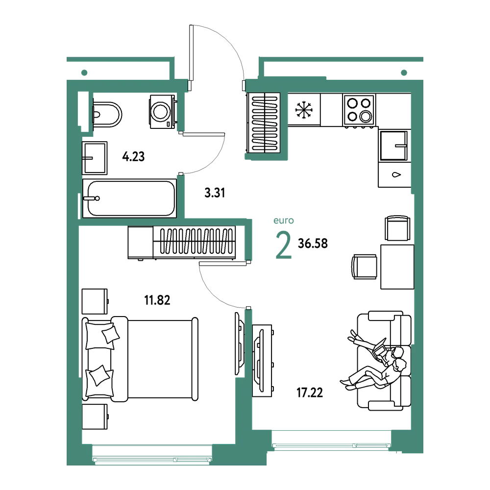 Планировка: Евродвушка 36,58 м²
