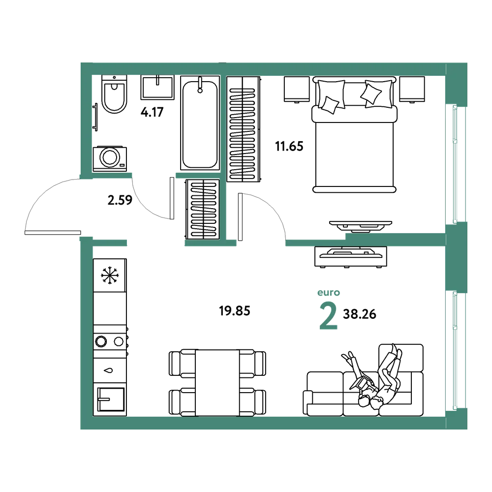 Планировка: Евродвушка 38,26 м²