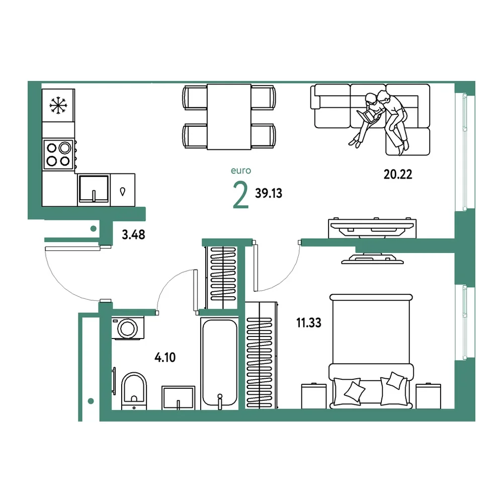 Планировка: Евродвушка 39,13 м²