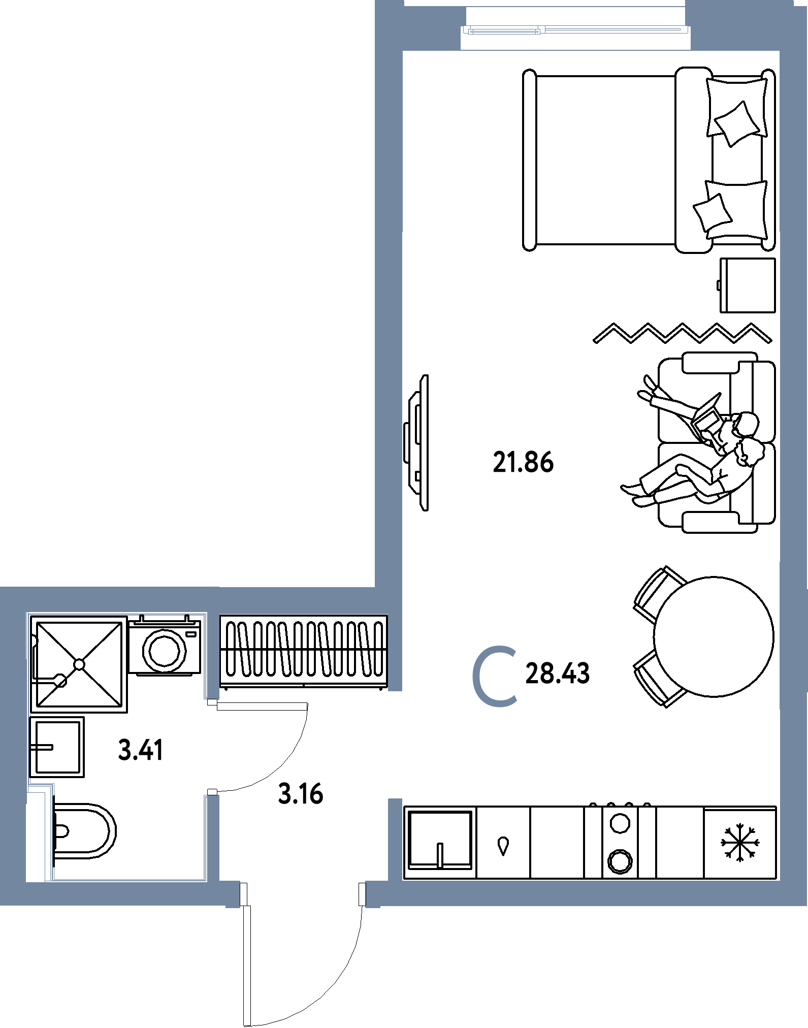Планировка: Студия 28,43 м² в ЖК «Домашний»