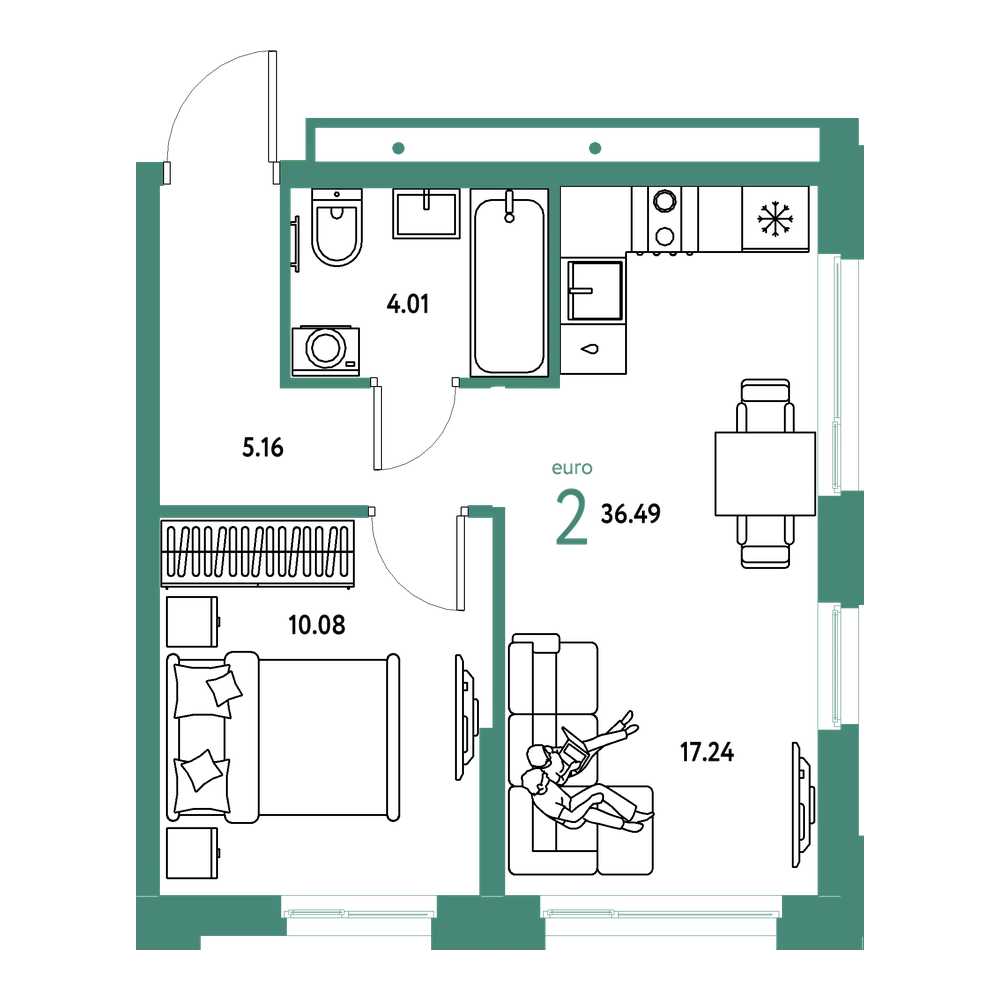Планировка: Евродвушка 36,49 м²
