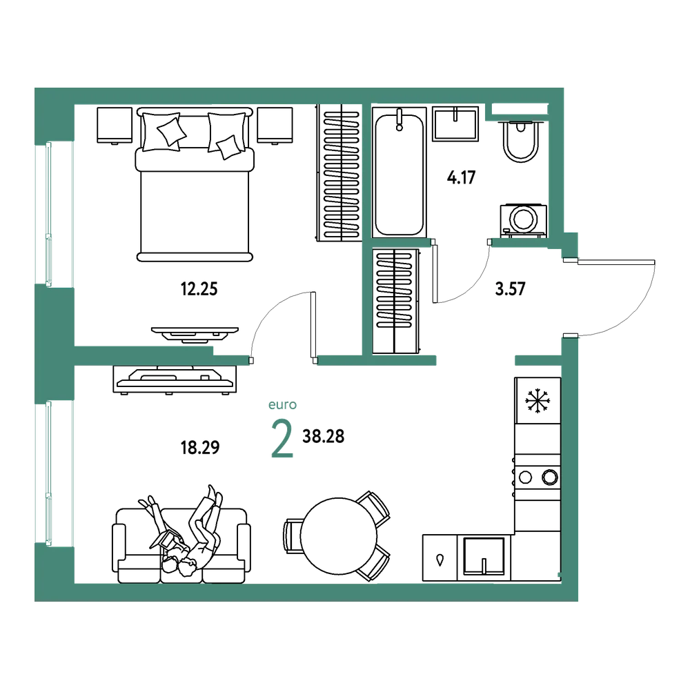Планировка: Евродвушка 38,28 м²