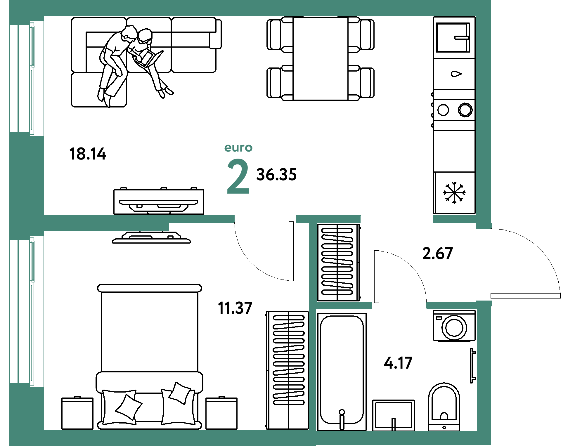Планировка: Евродвушка 36,35 м² в ЖК «Европейский берег 2.0»