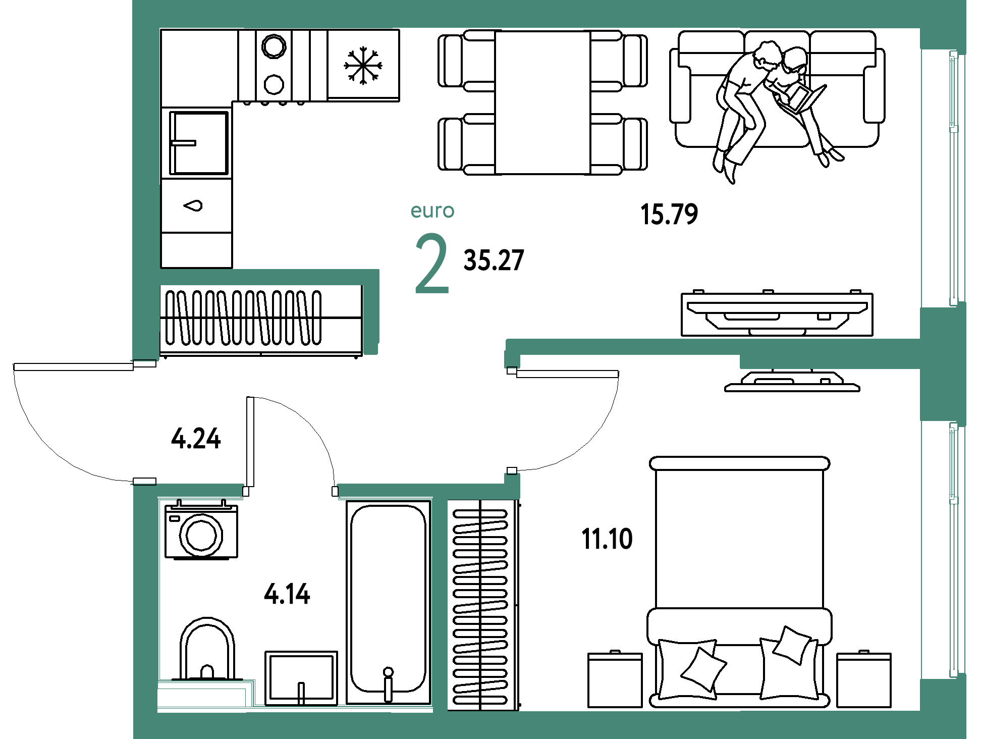 Планировка: Евродвушка 35,27 м² в ЖК «Остров-сад»