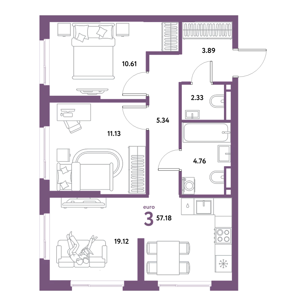 Планировка: Евротрёшка 57,18 м²