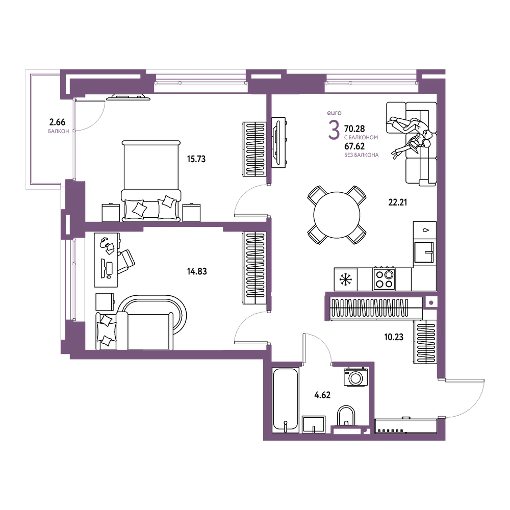 Планировка: Евротрёшка 70,28 м²