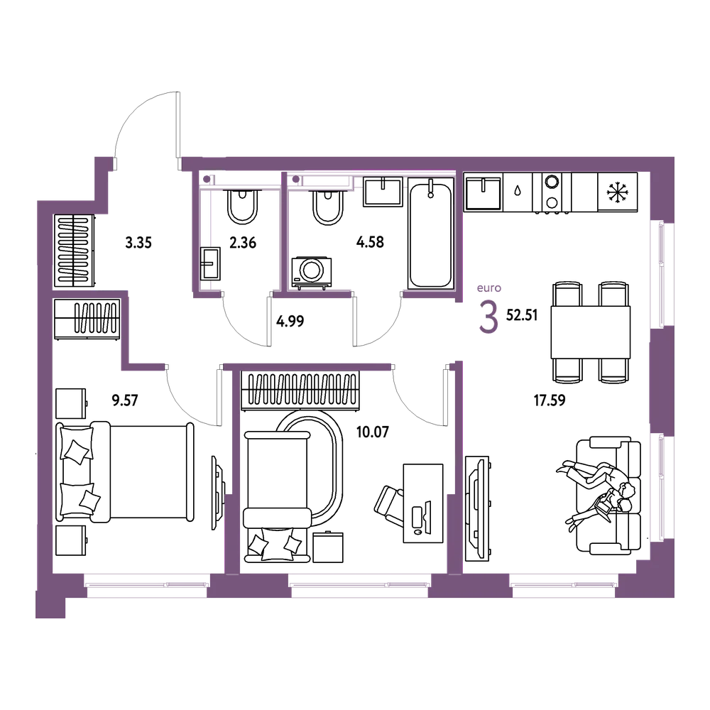 Планировка: Евротрёшка 52,51 м²