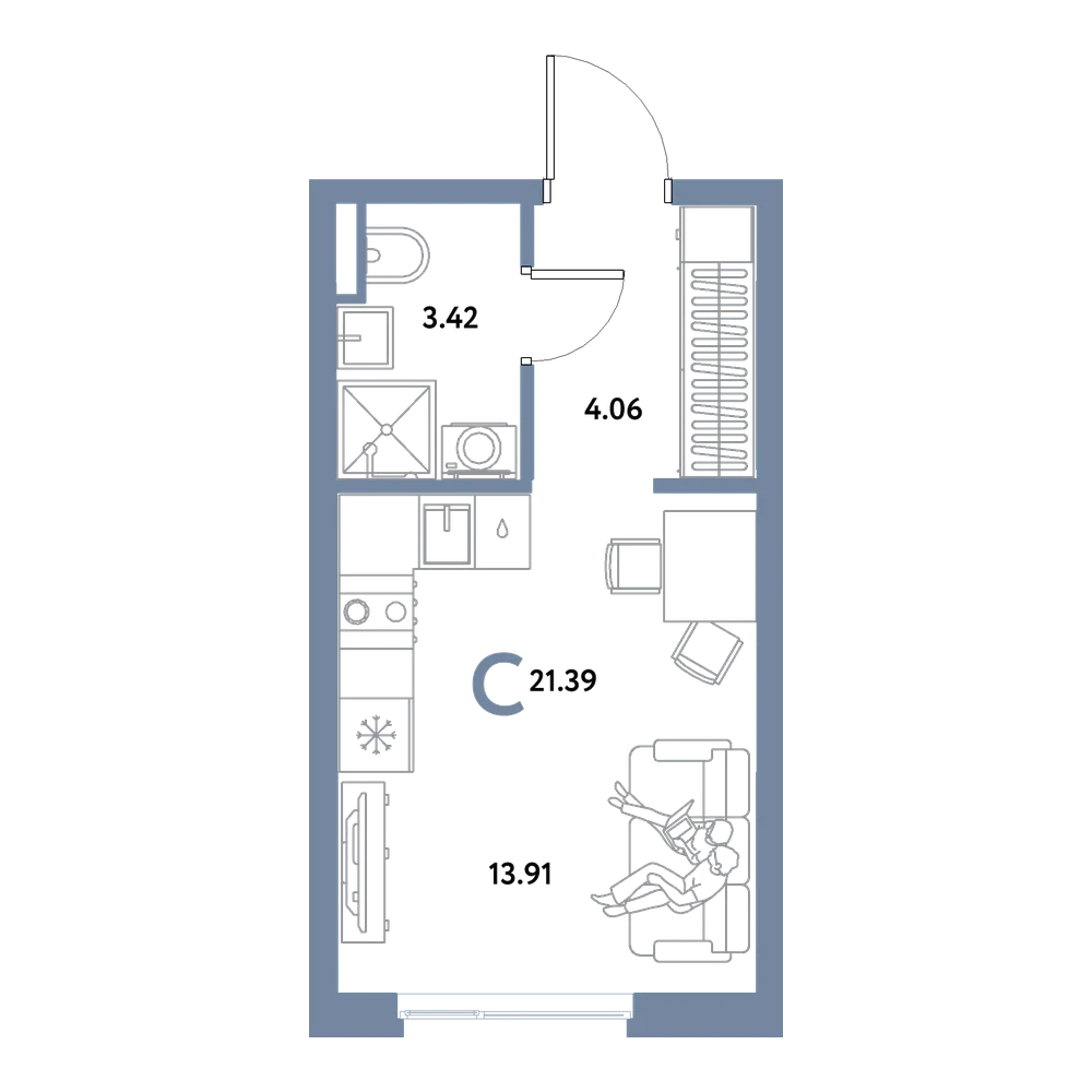 Планировка: Студия 21,39 м²
