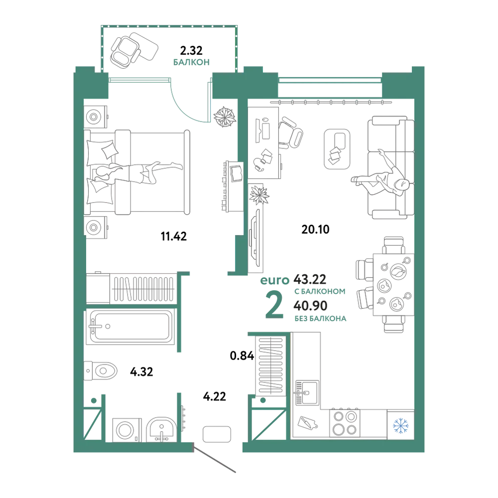 Планировка: Евродвушка 43,22 м²