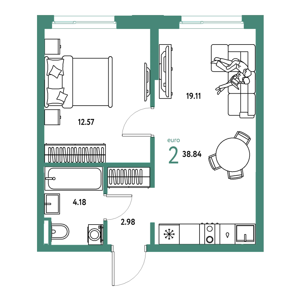 Планировка: Евродвушка 38,84 м²