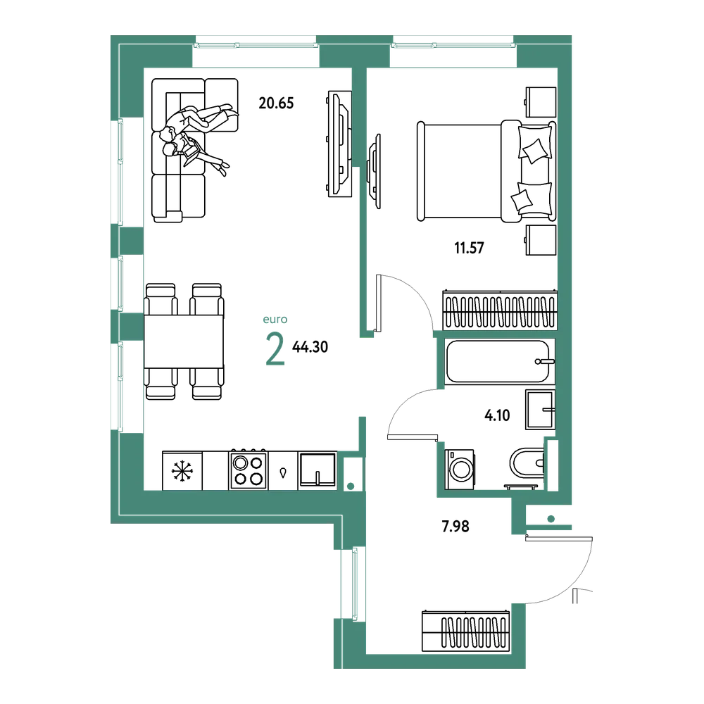 Планировка: Евродвушка 44,3 м²