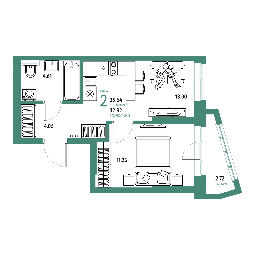 Планировка: Евродвушка 35,61 м²